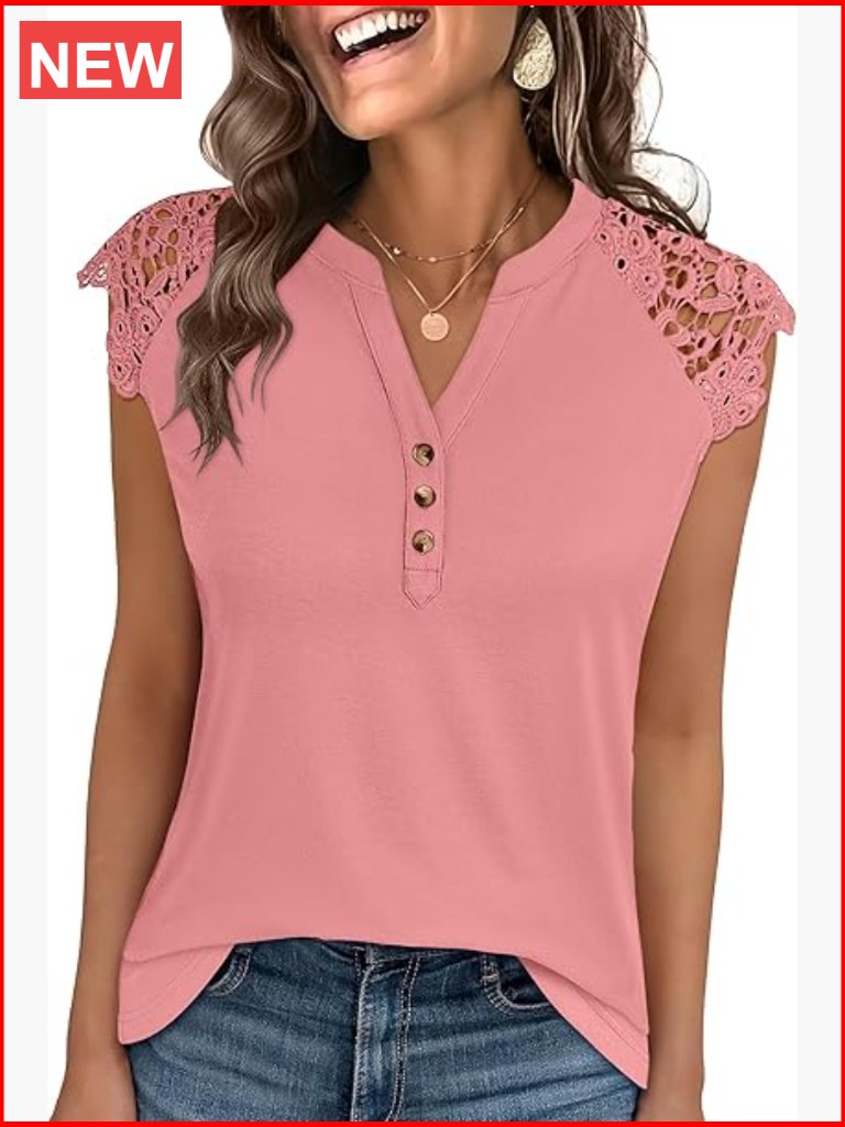 Sleeveless Lace Henley Button Down Blouse Summer Casual